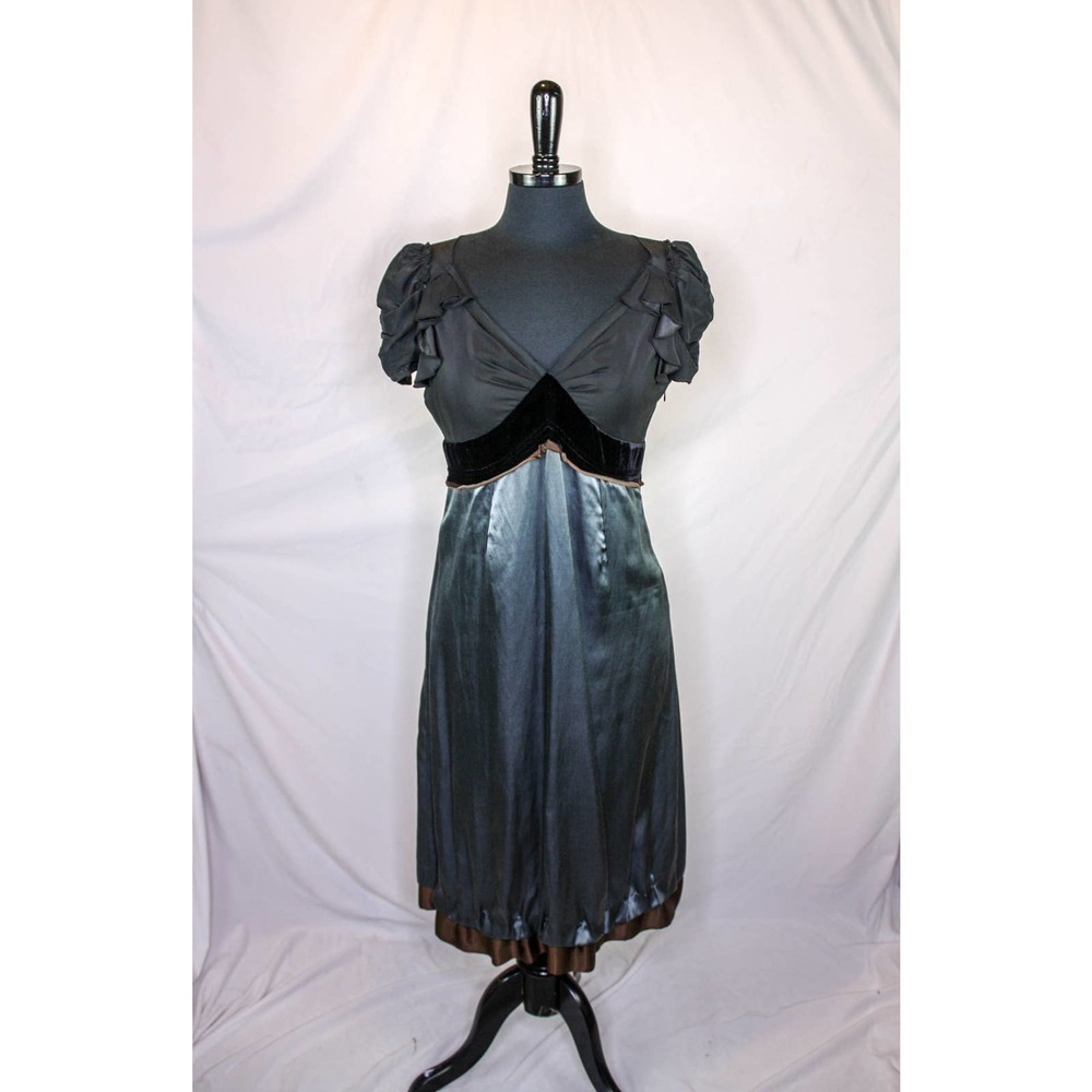 Robert Rodriguez Silk Midi Dress Empire Waist Short Sleeves Black Blue S…